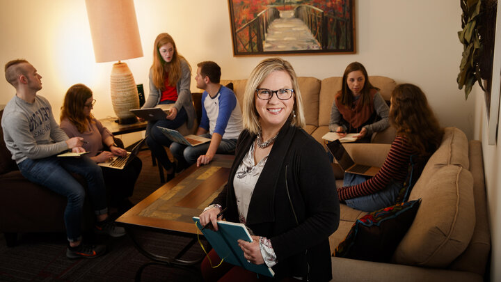 Jody Koenig Kellas, professor and chair of communication studies, is shown in her lab.