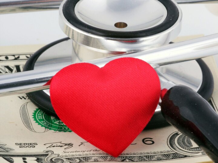Stethescope, heart, and money